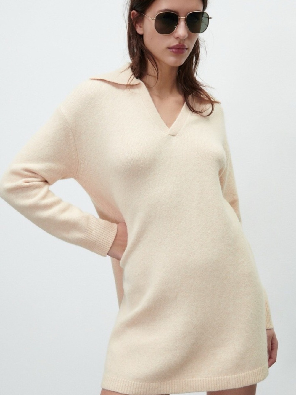 Zara Cream V‑Neck Collared Sweater Dress
